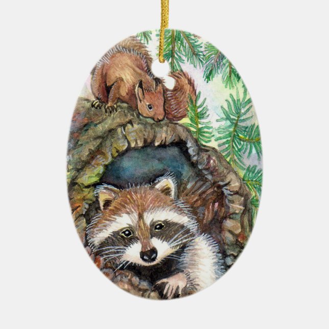 Raccoon In The Tree Hole With Squirrel Ceramic Tree Decoration (Front)
