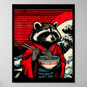 Raccoon Kimono Eating Ramen Japanese Food Art Men  Poster