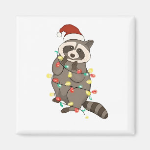 Raccoon Merry Christmas Lights Santa Hat Xmas Snow Magnet