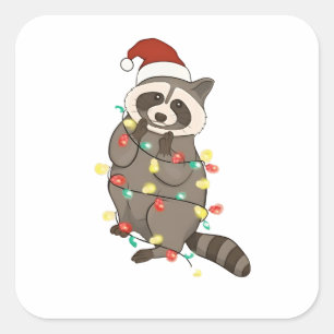 Raccoon Merry Christmas Lights Santa Hat Xmas Snow Square Sticker