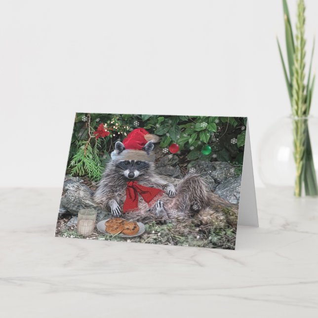 Raccoon Milk and Cookies Christmas Card (Front)
