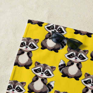 Raccoon Pattern Design Red  Beach Towel