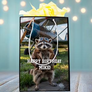 Raccoon Pilot Airplane Funny Photo Birthday Custom Medium Gift Bag