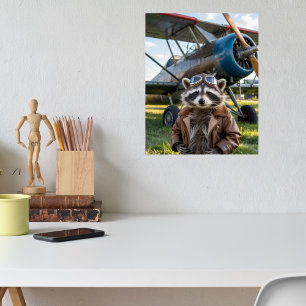 Raccoon Pilot Airplane Funny Photo Christmas Poster
