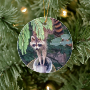 Raccoon Raiding the Bird Feeder Ceramic Ornament
