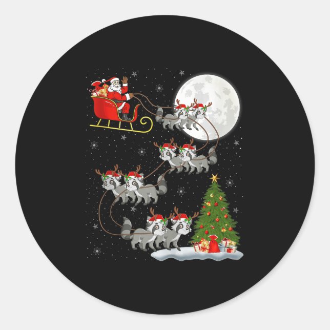Raccoon Santa Sleigh Flying Funny Magical Christma Classic Round Sticker (Front)