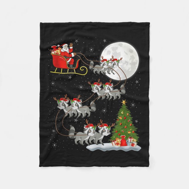 Raccoon Santa Sleigh Flying Funny Magical Christma Fleece Blanket (Front)