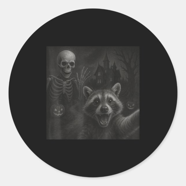 Raccoon Selfie With Skeleton Funny Raccoon Hallowe Classic Round Sticker (Front)