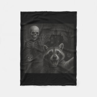 Raccoon Selfie With Skeleton Funny Raccoon Hallowe Fleece Blanket