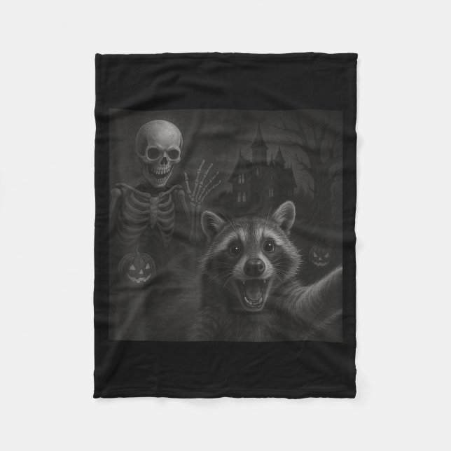 Raccoon Selfie With Skeleton Funny Raccoon Hallowe Fleece Blanket (Front)