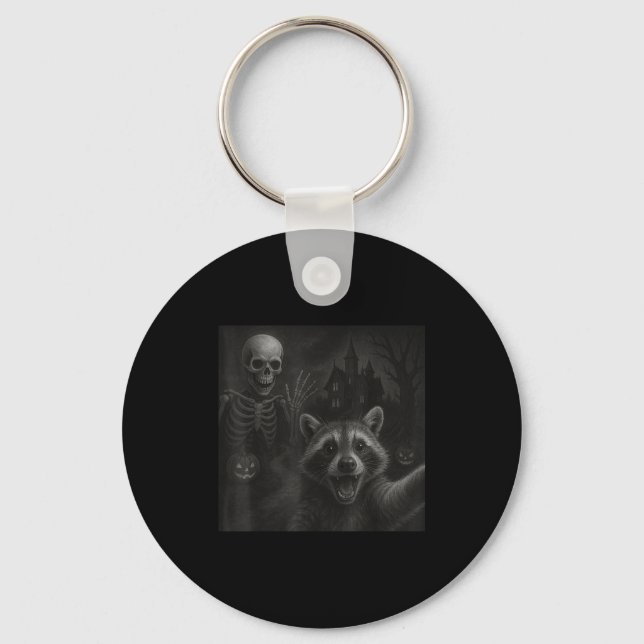 Raccoon Selfie With Skeleton Funny Raccoon Hallowe Key Ring (Front)