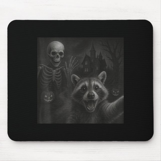 Raccoon Selfie With Skeleton Funny Raccoon Hallowe Mouse Pad (Front)