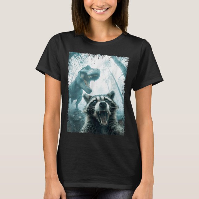 Raccoon Selfie With Tyrannosaurus T Rex Adventure  T-Shirt (Front)