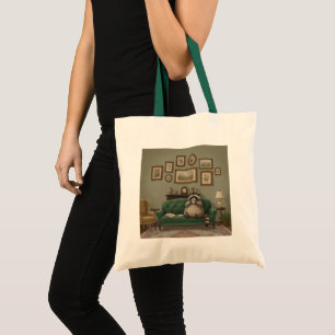 Raccoon sipping coffee on the sofa tote bag