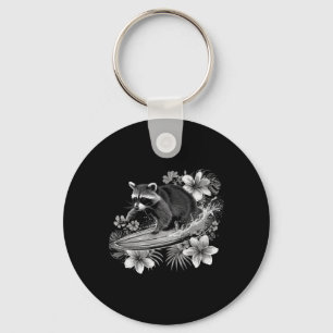 Raccoon Surfing Hawaii Hibiscus Flowers Surfing Fu Key Ring