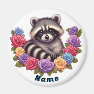 Raccoon Surrounded by Vibrant Colorful Roses  Magnet