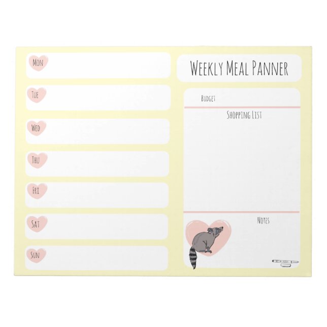 Raccoon Weekly Meal planner notepad  (Front)