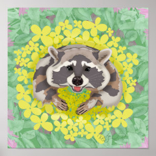 Raccoon with yellow flowers poster