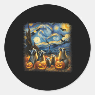 Raccoons And Possum Halloween Fall Van Gogh Starry Classic Round Sticker