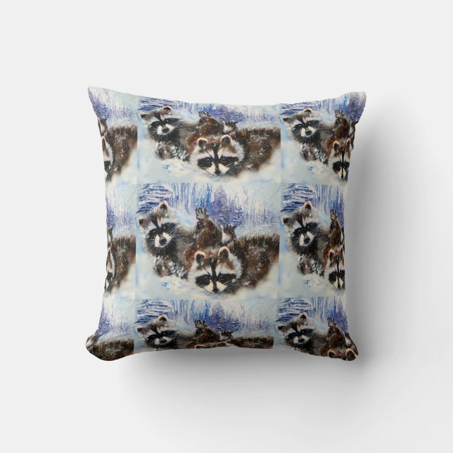 Raccoons and Snow from Original Art Cushion (Front)