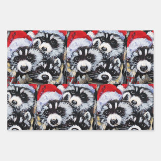Raccoons Christmas Santa Hat Original Art Wrapping Paper Sheet