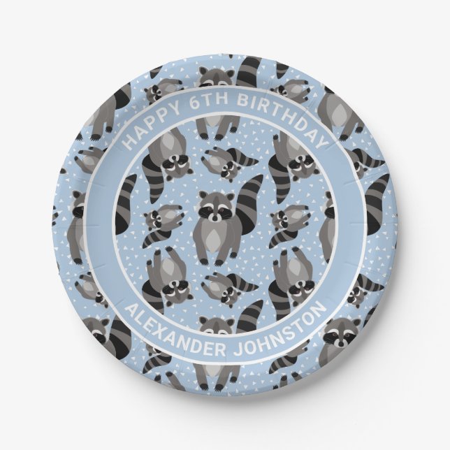 Raccoons Custom Blue Birthday Party Paper Plate (Front)