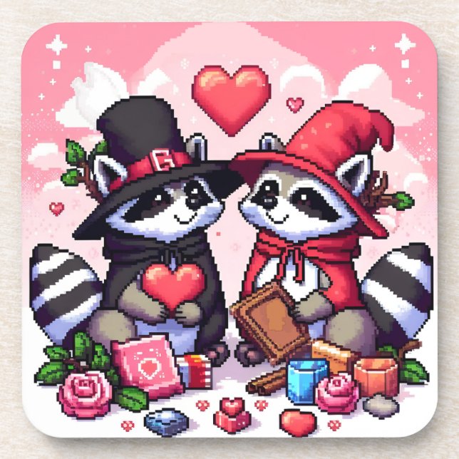 Raccoons in love pixel art coaster (Front)