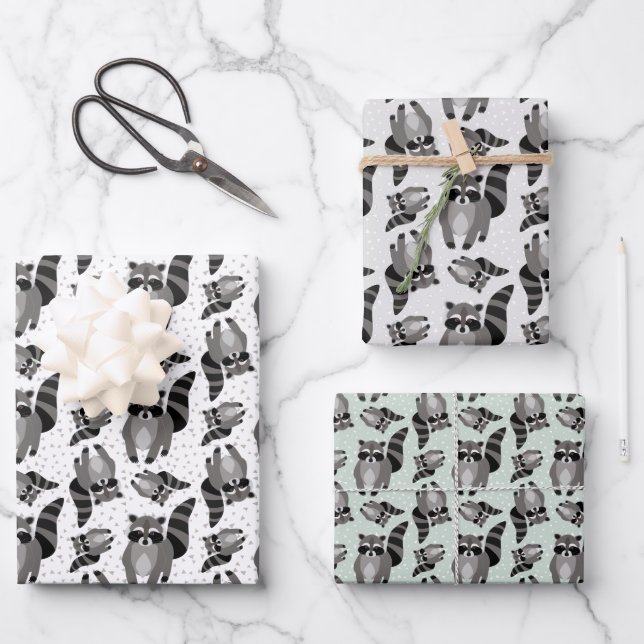 Raccoons in the Falling Snow Wrapping Paper Sheet (Front)