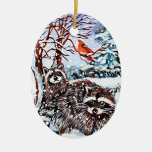 Raccoons in the Snow Ceramic Ornament