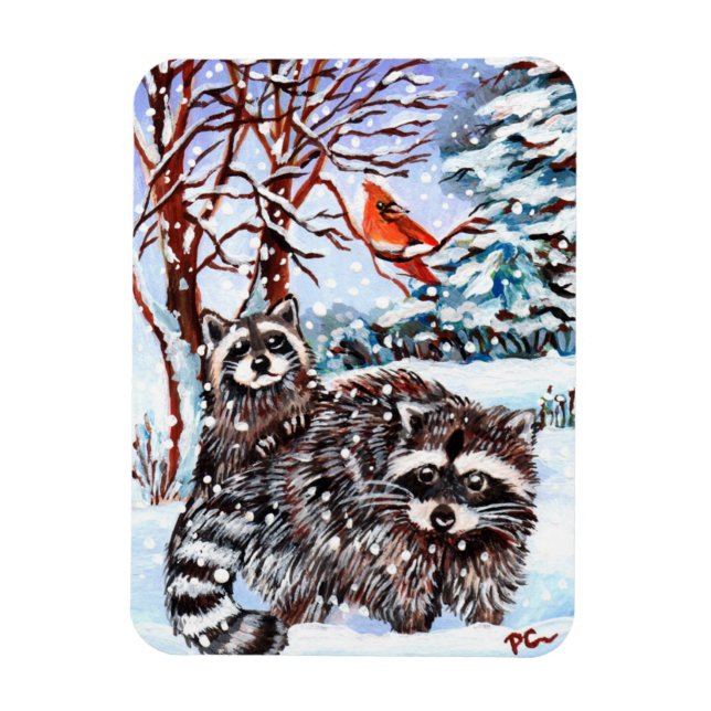 Raccoons in the Snow Magnet (Vertical)