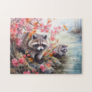 Raccoons near autumn pond scene jigsaw puzzle