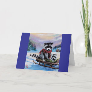 Raccoons on sled Blank Christmas Greeting Card