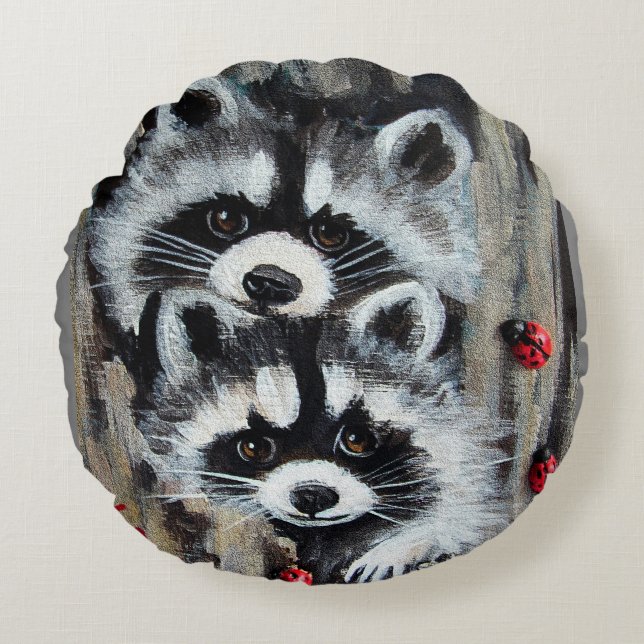 Raccoons Peeking Round Cushion (Front)