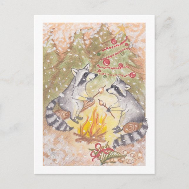 Raccoons Roasting Marshmallows Holiday Postcard (Front)