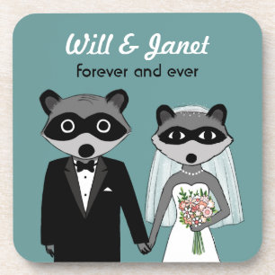Raccoons Wedding Bride and Groom with Custom Text Coaster