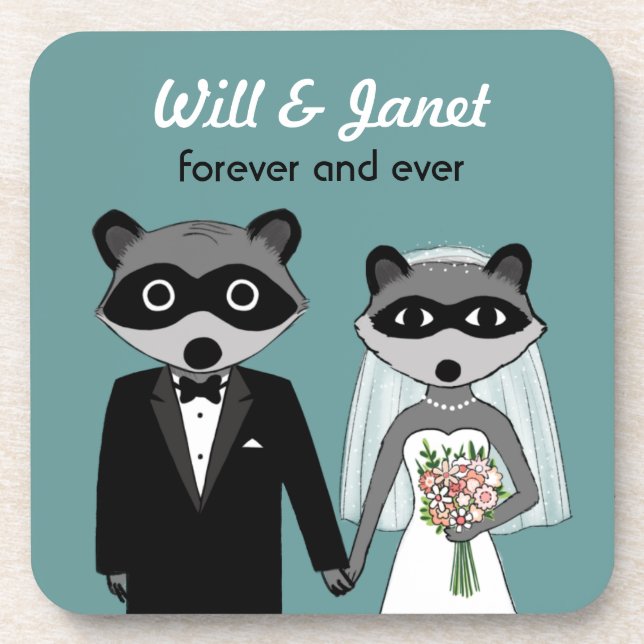 Raccoons Wedding Bride and Groom with Custom Text Coaster (Front)