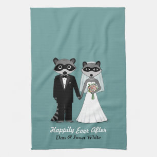 Raccoons Wedding Bride and Groom with Custom Text Tea Towel