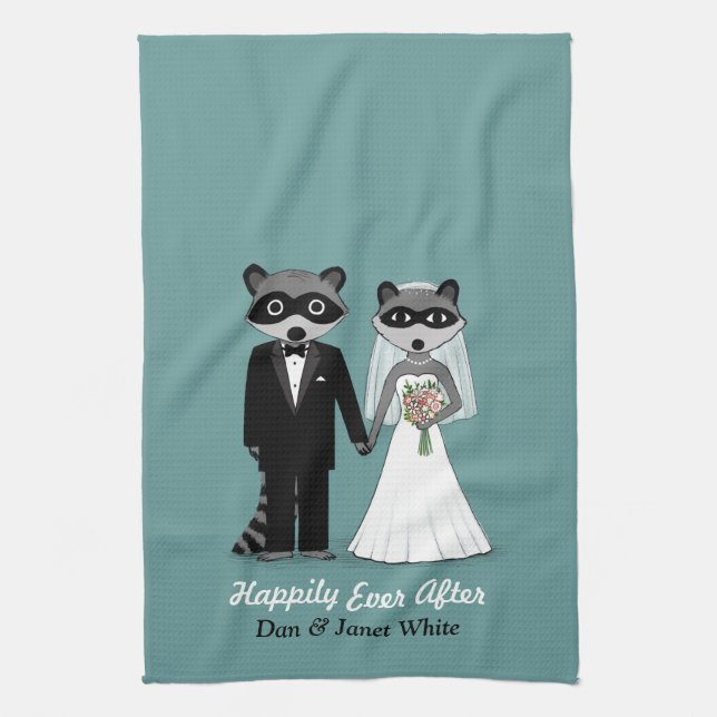 Raccoons Wedding Bride and Groom with Custom Text Tea Towel (Vertical)