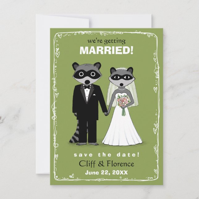Raccoons Wedding Save the Date Green (Front)