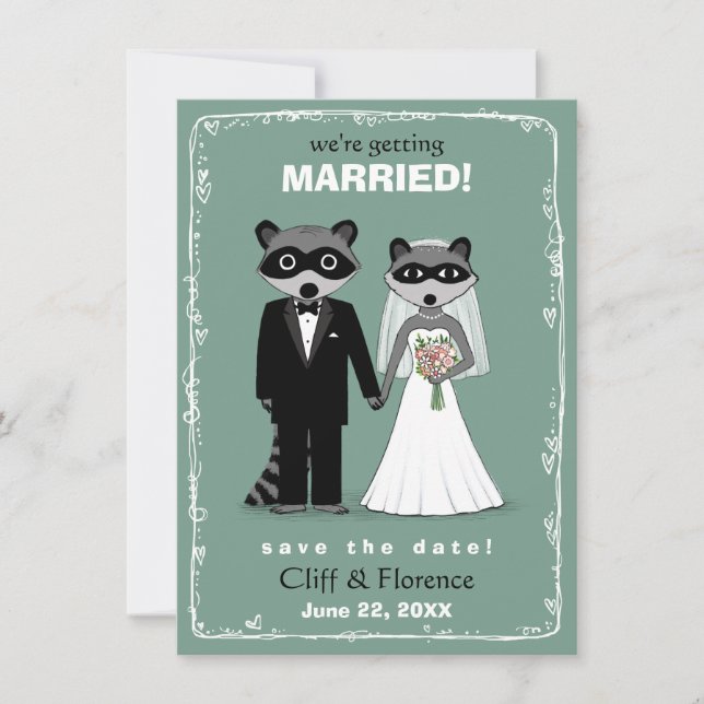 Raccoons Wedding Save the Date Teal (Front)