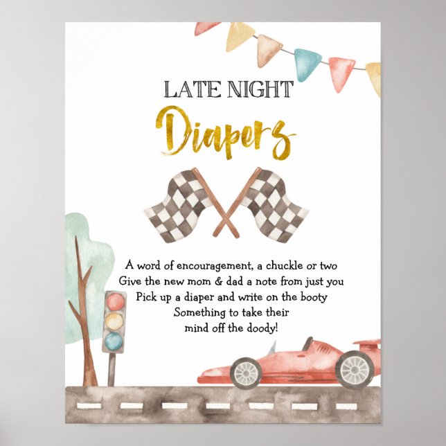 Race Baby Shower Late Night Diaper Sign (Front)