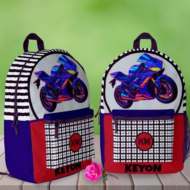 Race Bike Gingham Custom Name Left-Handed School  Printed Backpack (Creator Uploaded)