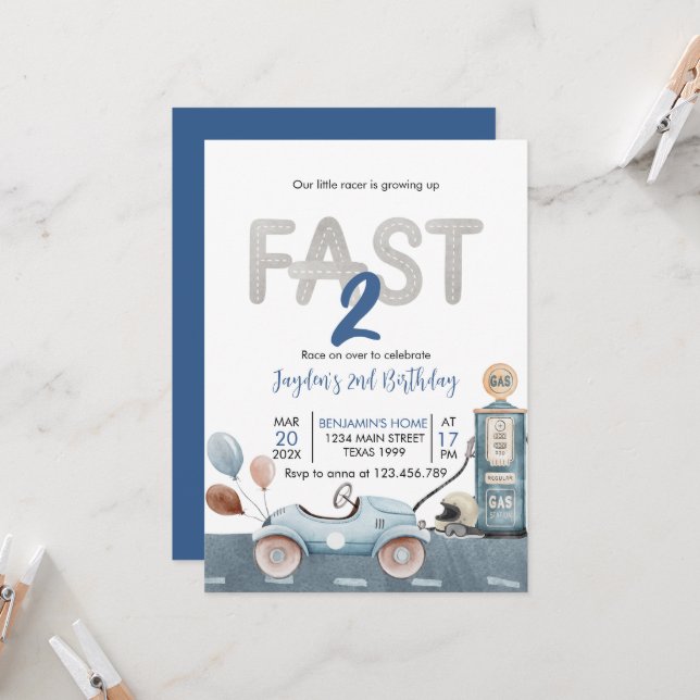 Race Car 2nd Racing Two Fast Birthday Invitation (Front/Back In Situ)