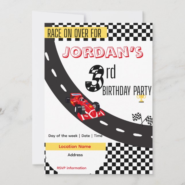 Race Car 3rd Birthday Party Invitation (Front)