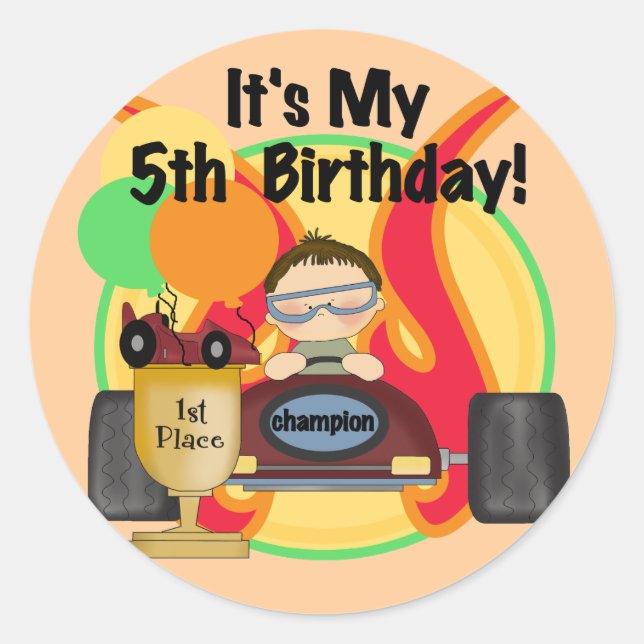Race Car 5th Birthday T-shirts and Gifts Classic Round Sticker (Front)