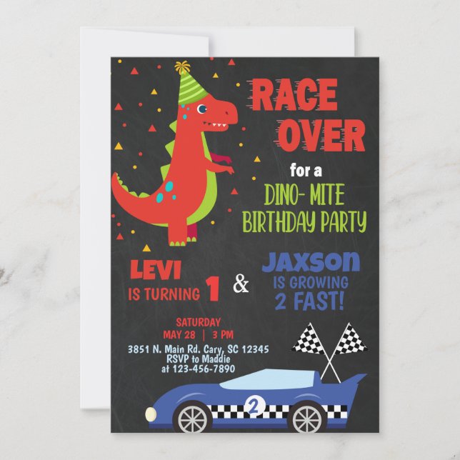 Race car and dinosaur boy siblings invitation. invitation (Front)