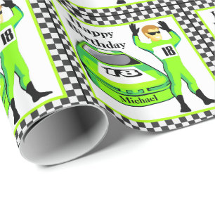 Race Car And Driver Personalised Birthday Gift Wrapping Paper