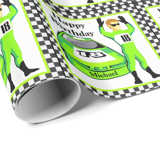 Race Car And Driver Personalised Birthday Gift Wrapping Paper (Roll Corner)