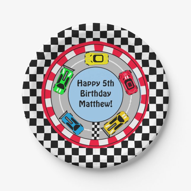 Race Car and Track Themed Boy's Birthday Party Paper Plate (Front)