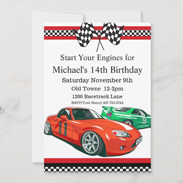 Race Car, Any Age, Birthday Invitation (Front)